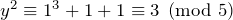 y^2 \equiv 1^3 + 1 + 1 \equiv 3 \pmod 5
