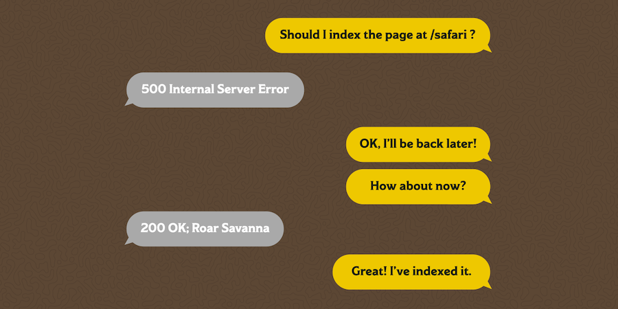 Googleクローラとサーバーのやり取りをテキストチャット化したもの。クローラは'/safariのページをインデックス化していいか？'と問い合わせ、サーバーが'500 Internal Server Error'を返すと、クローラは時間を空けて後ほどアクセスし、'今度はどう？'と問い合わせる。サーバーが'200 OK; Roar Savanna'と応答すると、クローラは'了解！インデックス化完了'と返す。