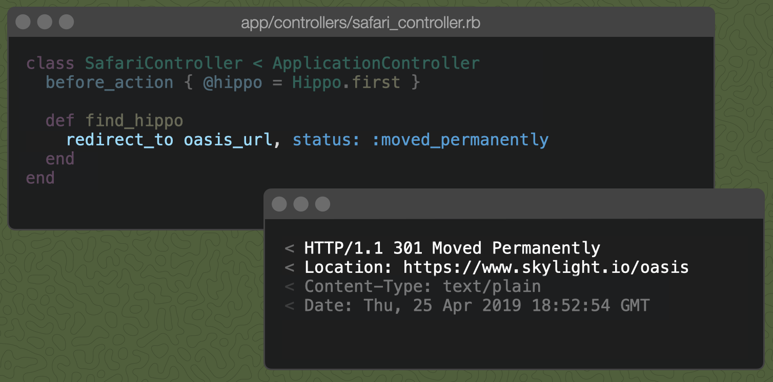 Railsコントローラのアクションに`redirect_to oasis_url, status: :moved_permanently`を書くと301 Moved Permanentlyレスポンスが返る。