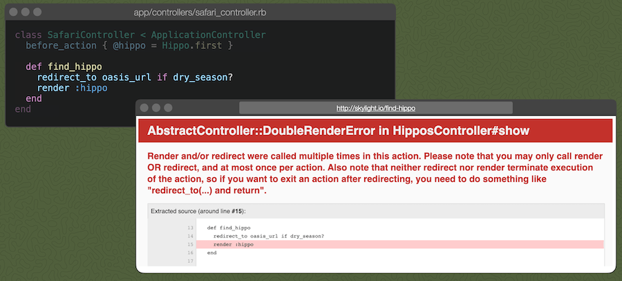 コントローラのfind_hippoアクションに`redirect_to oasis_url if dry_season?`を書き、続けて`render :hippo`を書いた場合に、RailsのDouble Renderエラーが発生した様子。