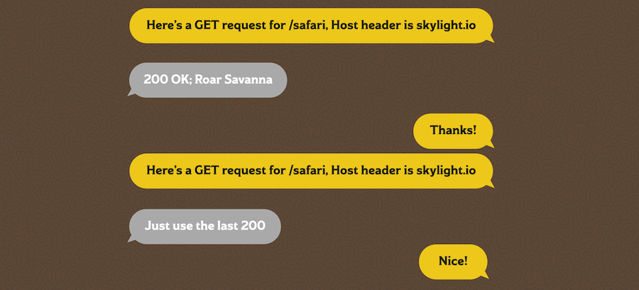 ブラウザとサーバー間のやり取りをテキストチャット化したもの。ブラウザは'/safariパスにGETリクエストを送信する、Hostヘッダーはskylight.io'と話し、サーバーは'200 OK; Roar Savanna?'と応答し、ブラウザはお礼を述べつつ、'/safariパスにGETリクエストを送信する、Hostヘッダーはskylight.io'という同じリクエストを再度送信する。サーバーは'さっきのステータスコード200（のキャッシュ）を使っていいよ'と返すと、ブラウザは'ナイス！'と応答する。