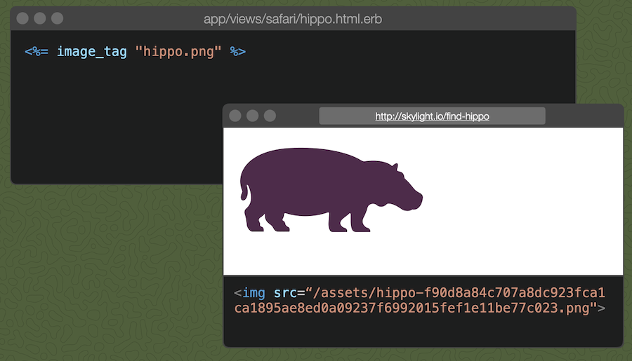 ビューテンプレートに`image_tag 'hippo.png'`と書くと、HTMLソースの画像ファイルは`img src='/assets/hippo-f90d8a8....png'`のようになっている。