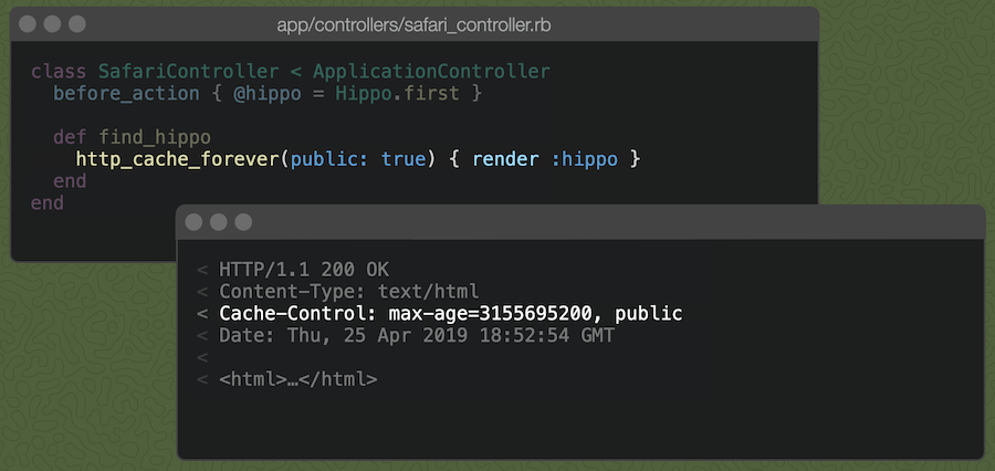 Railsコントローラのアクションに`http_cache_forever(public: true) { render :hippo }`を書くとCache-Controlヘッダーがpublicになる。