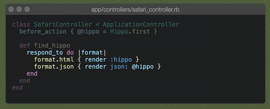 Railsコントローラのアクションに`respond_to do |format| { format.html { render :hippo }; format.json { render json: @hippo } }`を書いた場合。