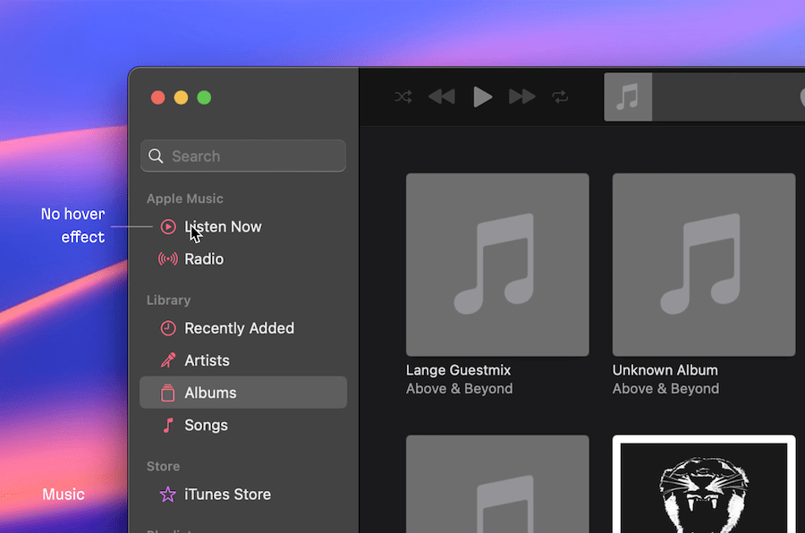 Appleのミュージックアプリではマウスオーバーが効かない
