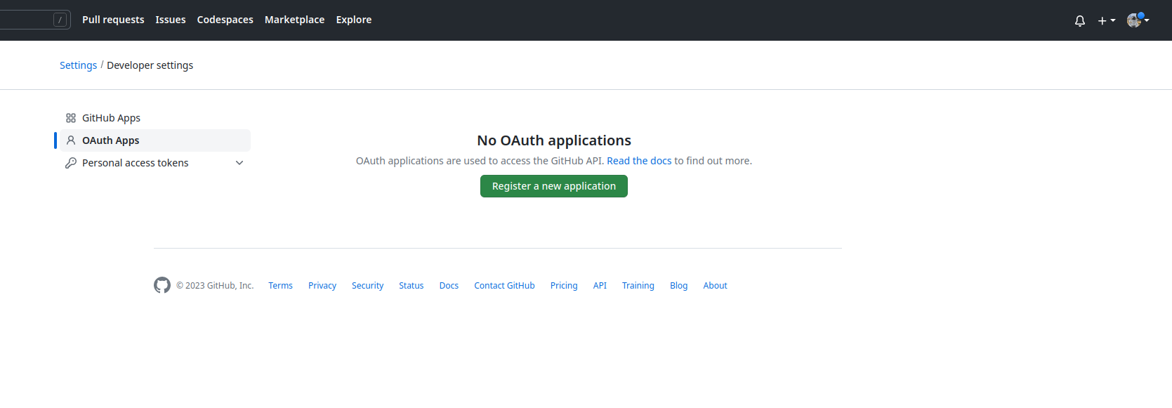 GitHub developer settings page