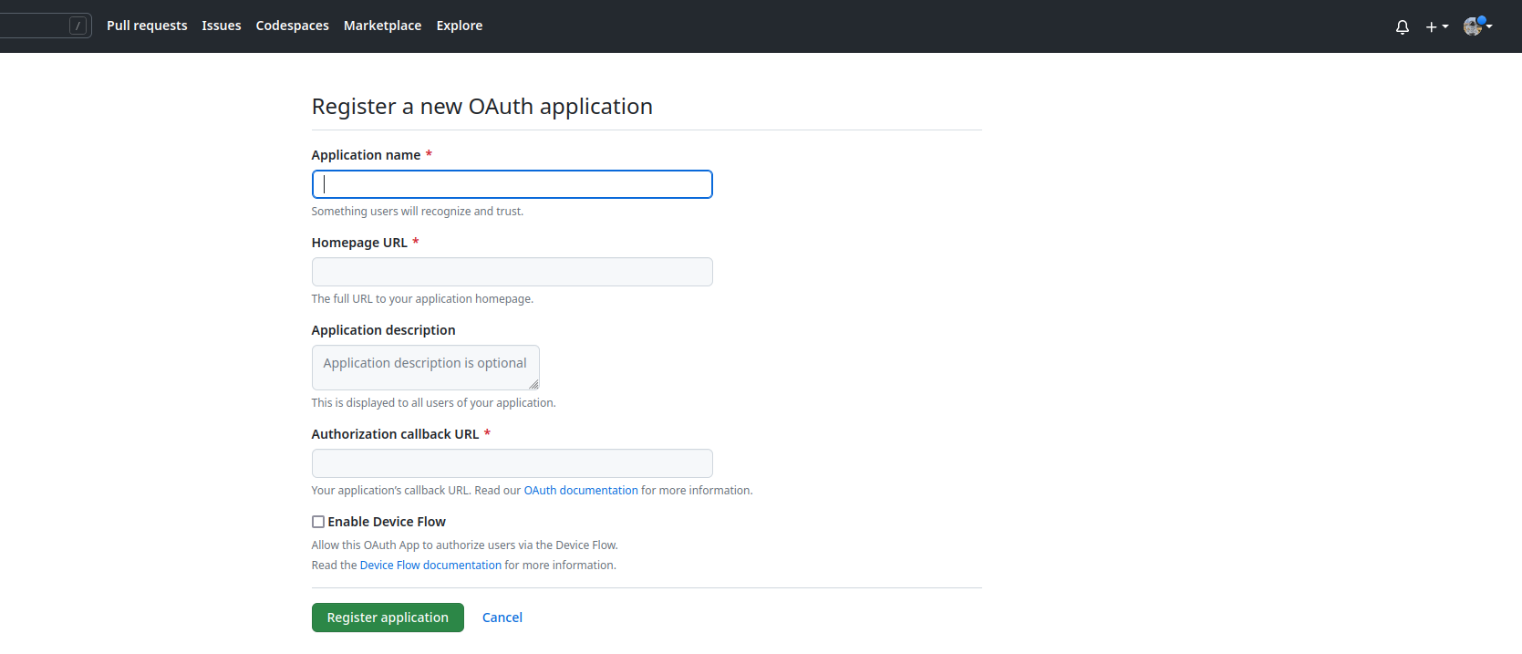 Create new OAuth app