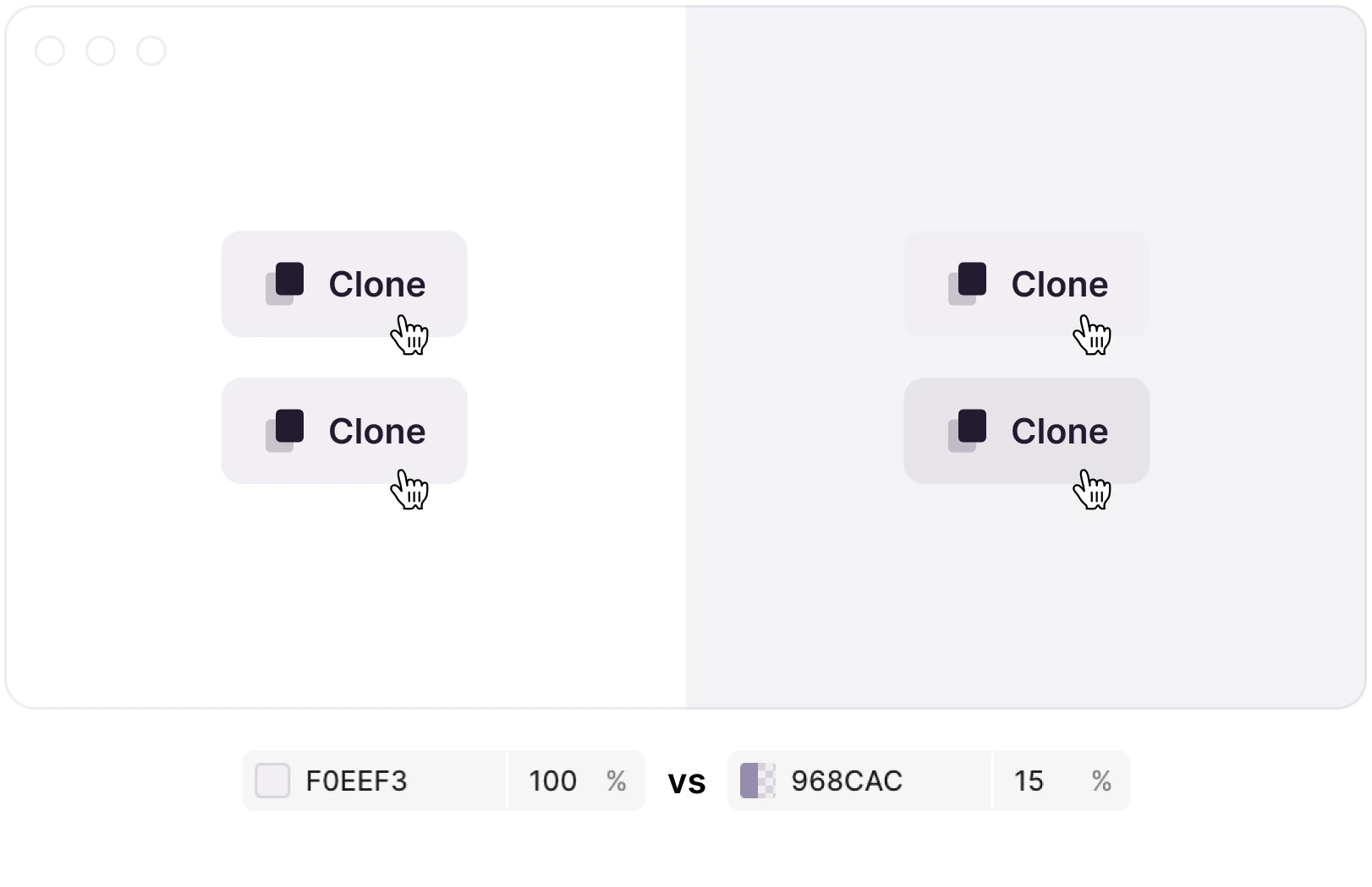 Increasing the transparency by 3% will result in a good hover color that works on any surface. The same solid color works on white, but not on gray.