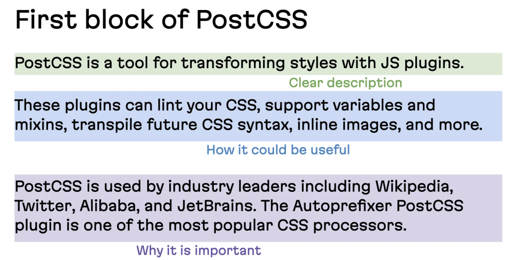 PostCSS READMEの最初のブロックは「明確な説明」「どのように役立つか」「重要である理由」の3つに分割されています。