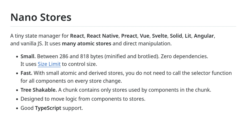 Nano Stores READMEのスクリーンショット。見出し、簡潔なテキスト、太字、水平線、リストを効果的に使って読みやすさを最大限に高めています。