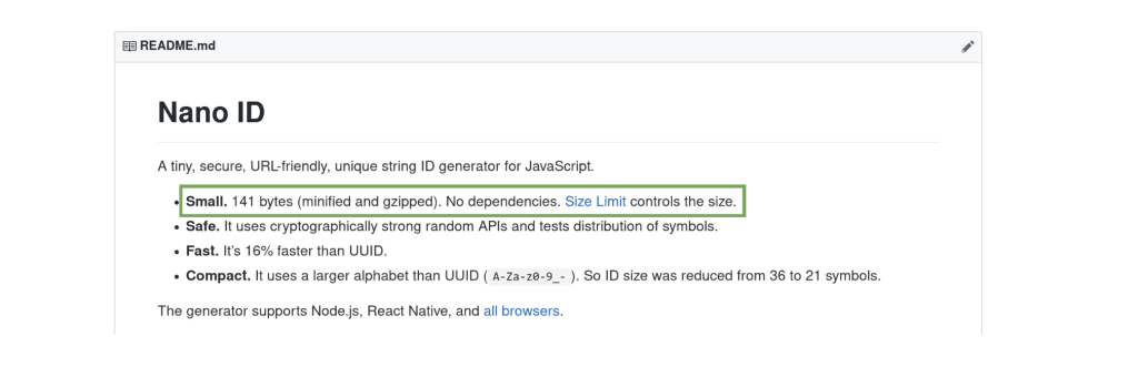 Nano ID READMEのある行を緑色のボックスで強調表示している様子。この行は、ライブラリが小さいという主張を裏付ける明確な統計の例です（この場合は141バイト）。