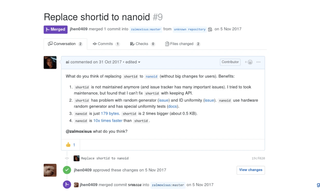 既存のソリューションをNano IDに置き換えようという提案をGitHubコメント経由でリクエストした例。つまりプルリク経由のプロモーションを示しています。