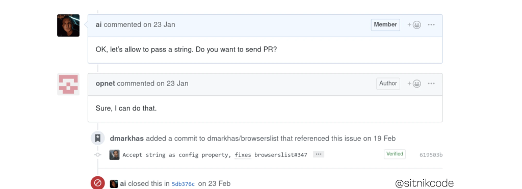 Andrey Sitnikがコメントで「GitHubで言及されたissueを採用するためにプルリクをオープンしてもらえますか？」と尋ねている様子。