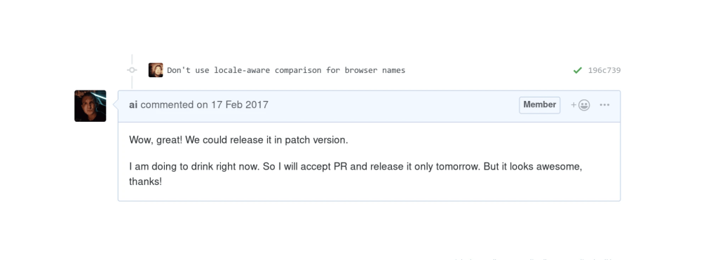 ユーザーの懸念に対してAndrey SitnikがGitHubコメントで返信している様子。無視せずに相手の話を聞いてあげることが大事な場合もあります。
