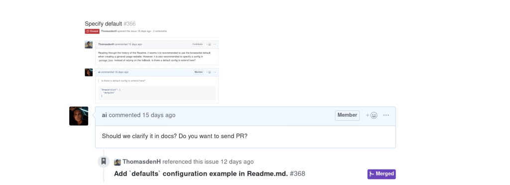 Andrey SitnikがGitHubコメントでユーザーにドキュメント更新を依頼している様子。